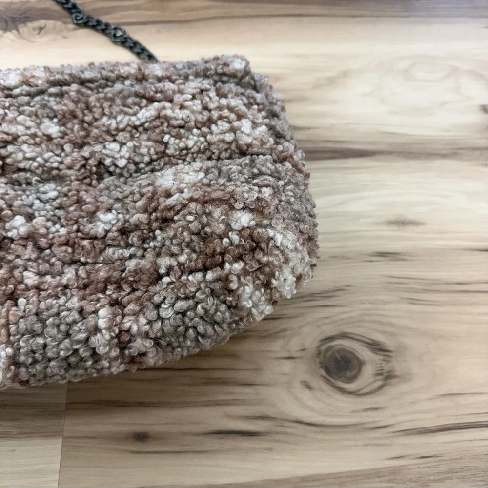 Zara Faux Fur Checkered Textured Brown Sherpa Women's Bag